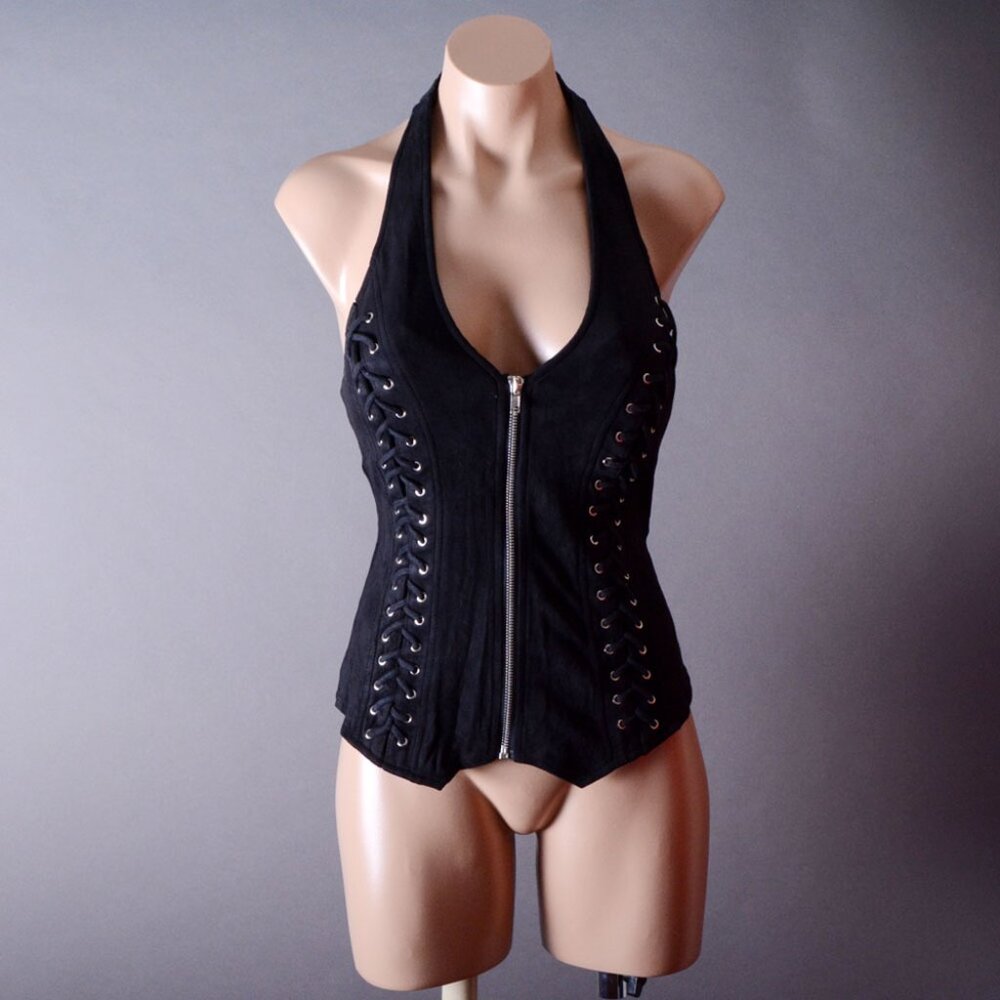 Black Faux Suede Moto Biker Sleeveless Halter Zipper Lace Up Vest Corset Top SML